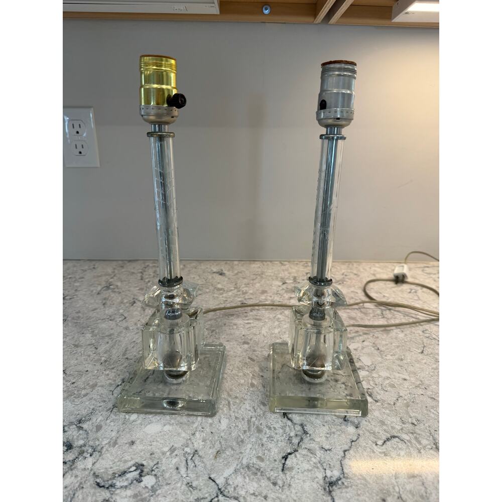 Pair of Vintage Clear Etched Glass Vanity Lamps